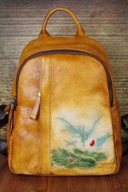 Classy Yellow Brown Embossing Paitings Calf Leather Backpack Bag