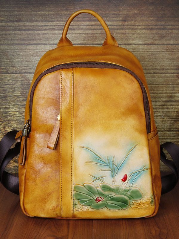 Classy Yellow Brown Embossing Paitings Calf Leather Backpack Bag