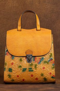 Classy Yellow Embossing Paitings Calf Leather Backpack Bag