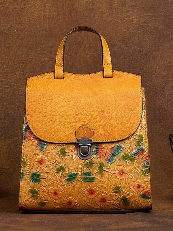 Classy Yellow Embossing Paitings Calf Leather Backpack Bag