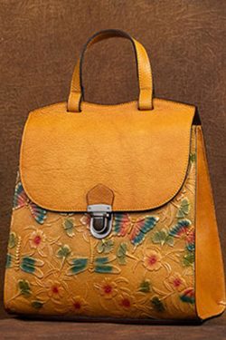 Classy Yellow Embossing Paitings Calf Leather Backpack Bag