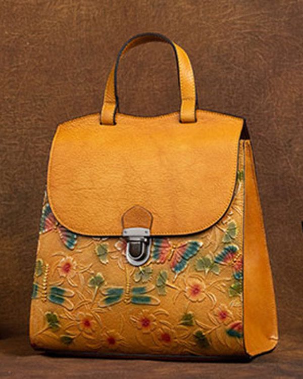 Classy Yellow Embossing Paitings Calf Leather Backpack Bag