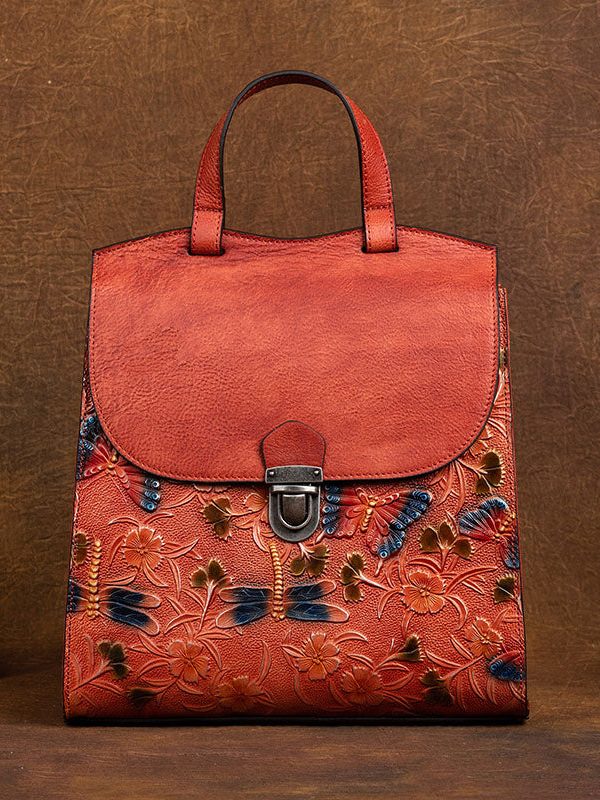 Classy Yellow Embossing Paitings Calf Leather Backpack Bag