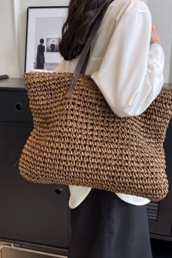 Coffee Straw Woven Satchel Bag Handbagdbag Patchwork Zip Up