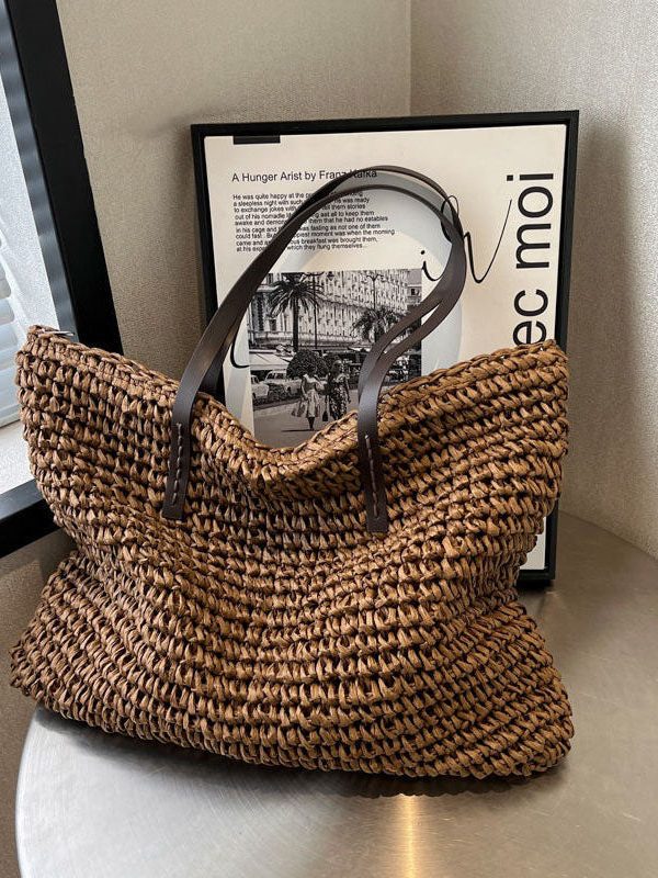 Coffee Straw Woven Satchel Bag Handbagdbag Patchwork Zip Up