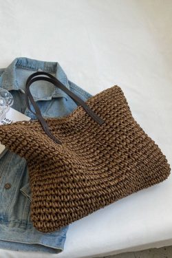 Coffee Straw Woven Satchel Bag Handbagdbag Patchwork Zip Up