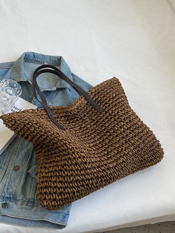 Coffee Straw Woven Satchel Bag Handbagdbag Patchwork Zip Up