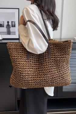 Coffee Straw Woven Satchel Bag Handbagdbag Patchwork Zip Up