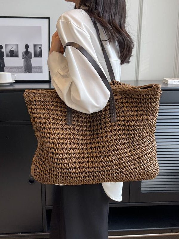 Coffee Straw Woven Satchel Bag Handbagdbag Patchwork Zip Up
