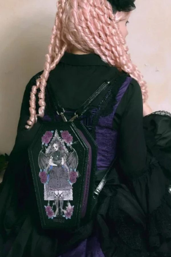 Coffin Ita Backpack – Gothic Lolita PU Dark Print Halloween Crossbody & Shoulder Bag for Women