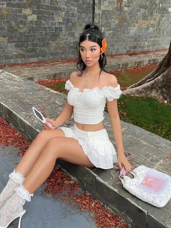 Coquette Broderie Anglaise Top & Mini Skirt Two Piece Set