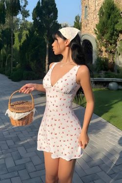 Coquette Cherry Plunge Neck Mini Dress