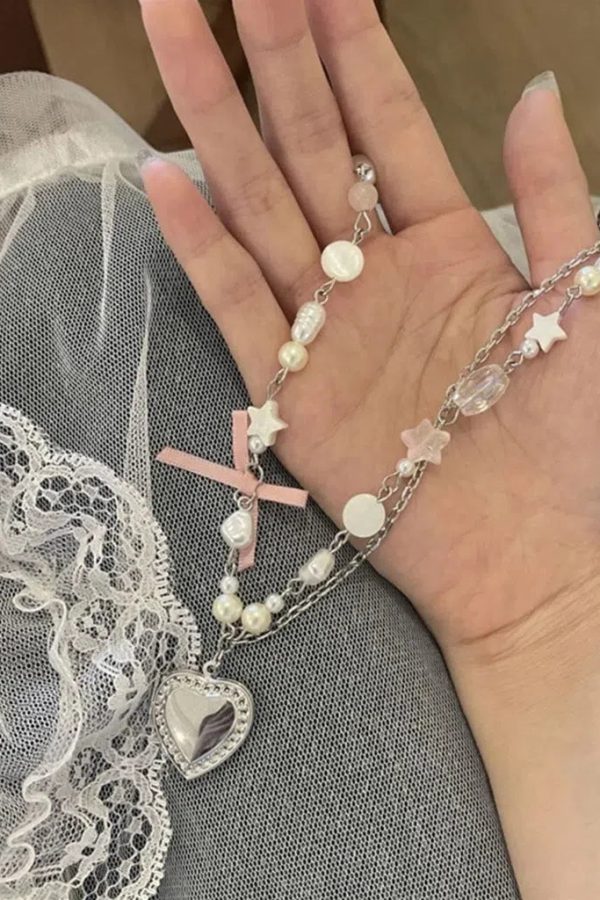 Coquette Heart Pearl Beaded Necklace