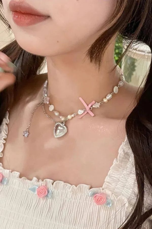 Coquette Heart Pearl Beaded Necklace