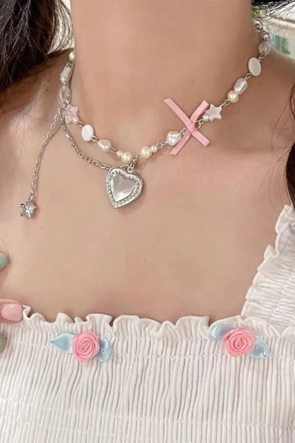 Coquette Heart Pearl Beaded Necklace