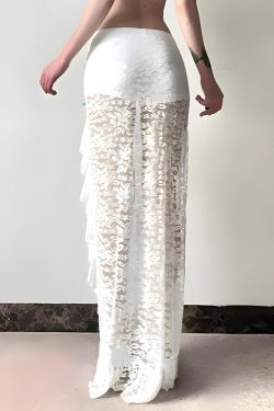 Coquette Lace Ruffled Slit Maxi Skirt