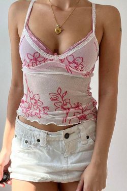 Coquette Lace Strap Floral Mesh Top