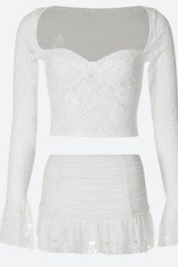 Coquette Lace Top & Ruched Mini Skirt Two Piece Set