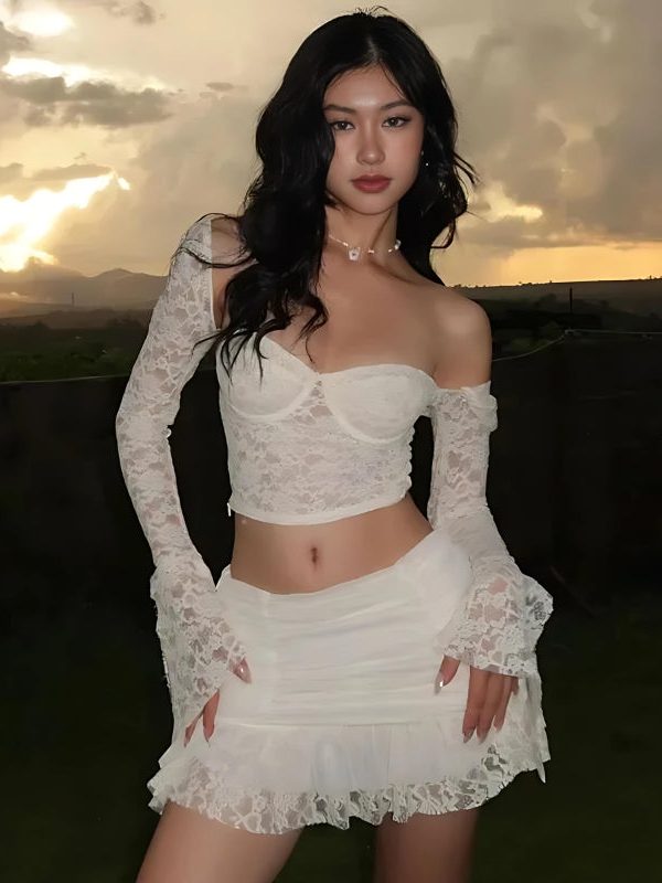 Coquette Lace Top & Ruched Mini Skirt Two Piece Set