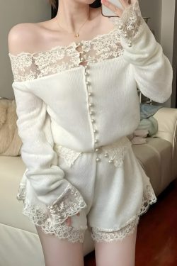 Coquette Pearl Button Lace Two Piece Set