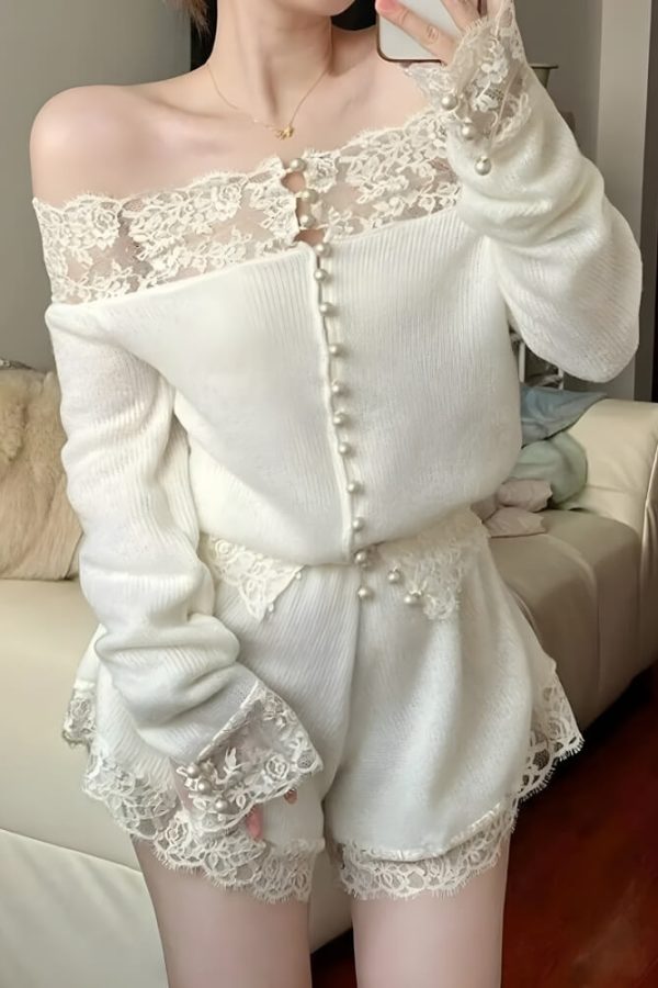 Coquette Pearl Button Lace Two Piece Set