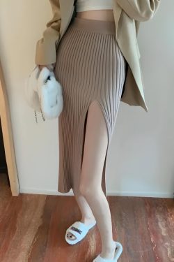 Corduroy Knitted Split Midi Skirt