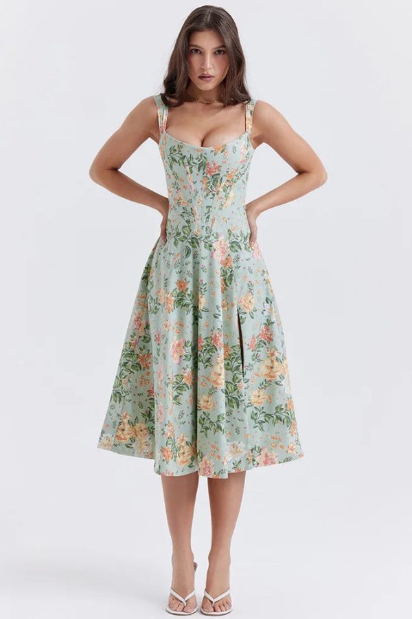 Cottagecore Floral Corset Midi Dress