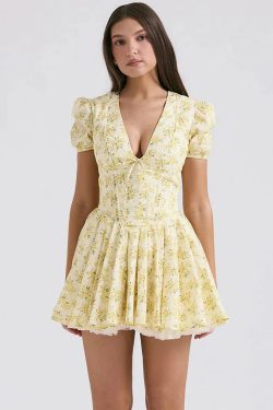 Cottagecore Floral Plunge Neck Mini Dress