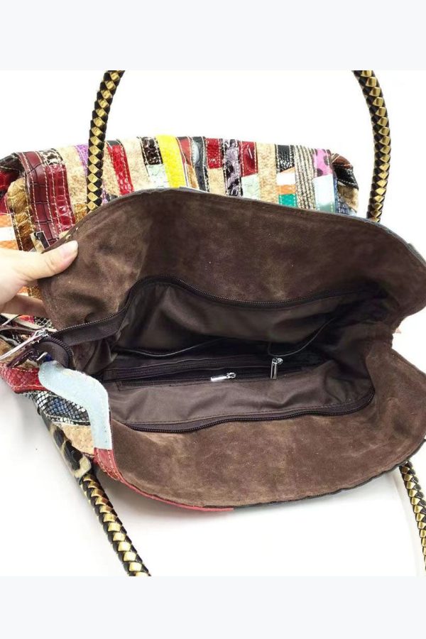 Cowhide Snake Striped Patchwork Durable Tote Handbag