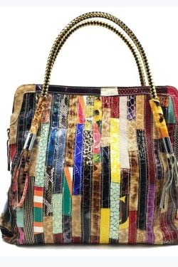 Cowhide Snake Striped Patchwork Durable Tote Handbag