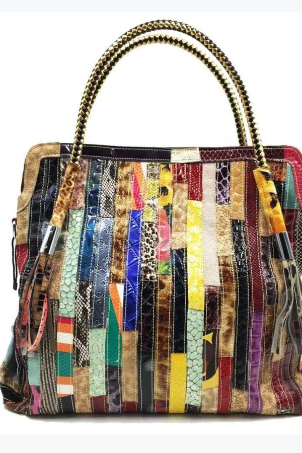 Cowhide Snake Striped Patchwork Durable Tote Handbag
