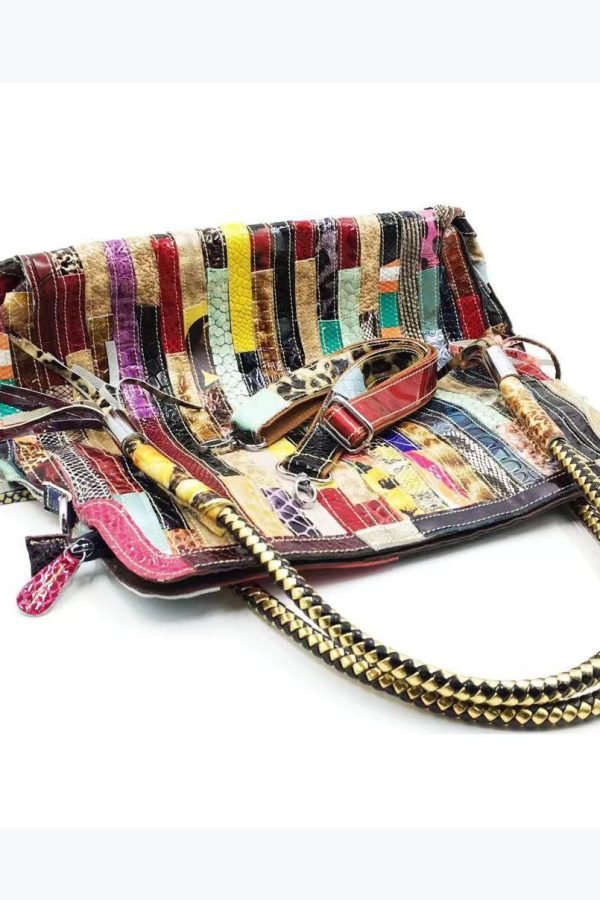 Cowhide Snake Striped Patchwork Durable Tote Handbag