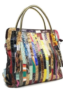 Cowhide Snake Striped Patchwork Durable Tote Handbag