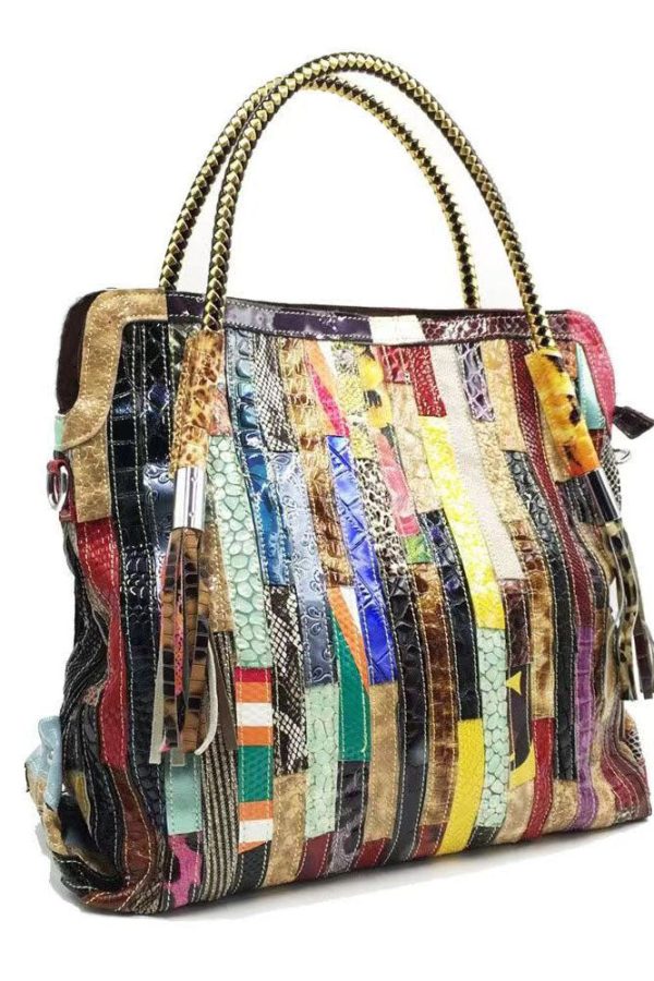 Cowhide Snake Striped Patchwork Durable Tote Handbag
