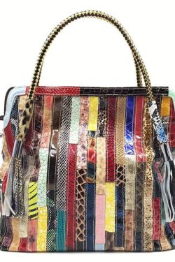 Cowhide Snake Striped Patchwork Durable Tote Handbag