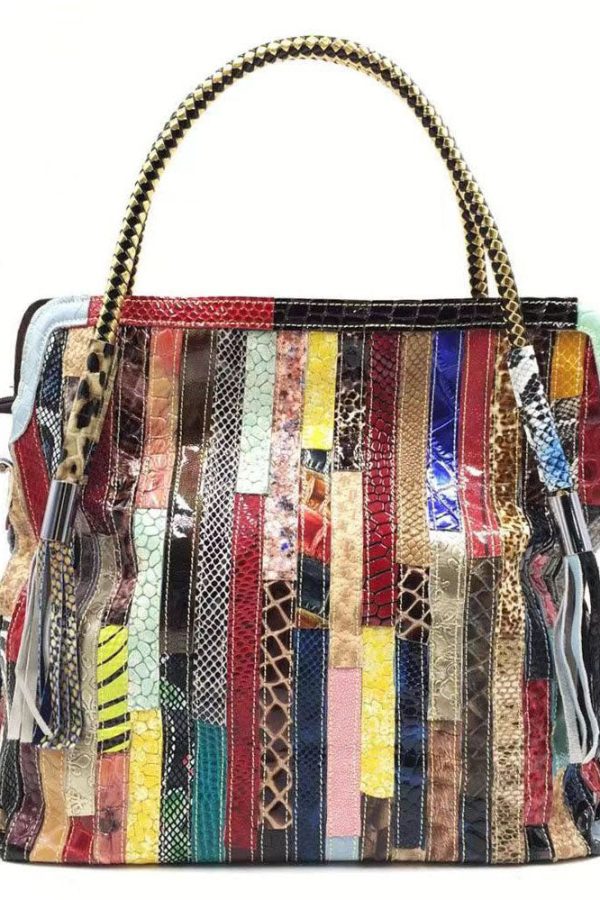Cowhide Snake Striped Patchwork Durable Tote Handbag