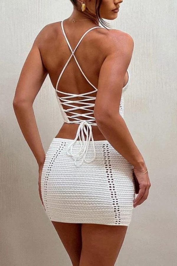 Crochet Lace Up Top & Mini Skirt Two Piece Set