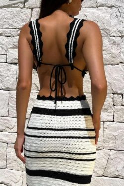 Crochet Striped Crop Top & Maxi Skirt Two Piece Set
