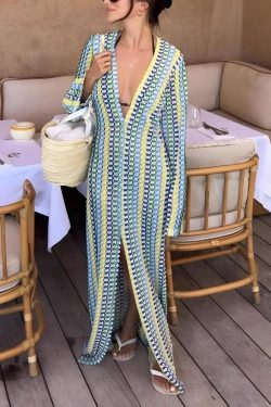 Crochet Striped Plunge Neck Maxi Dress