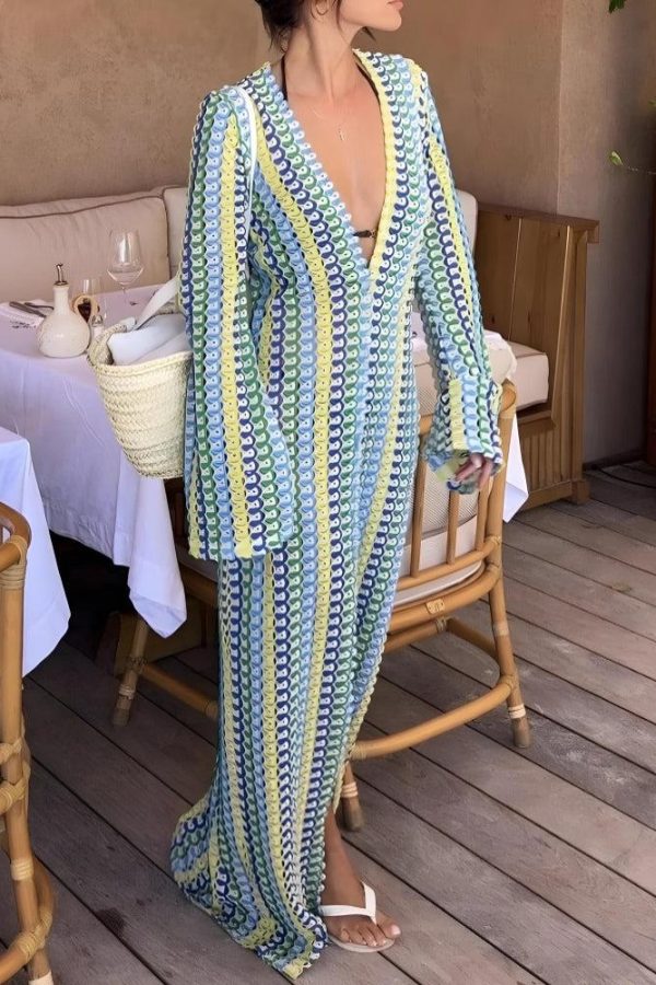 Crochet Striped Plunge Neck Maxi Dress