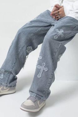 Cross Patchwork Baggy Jeans
