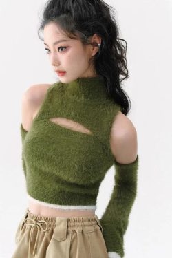 Cut Out Fluffy Crop Sweater Top