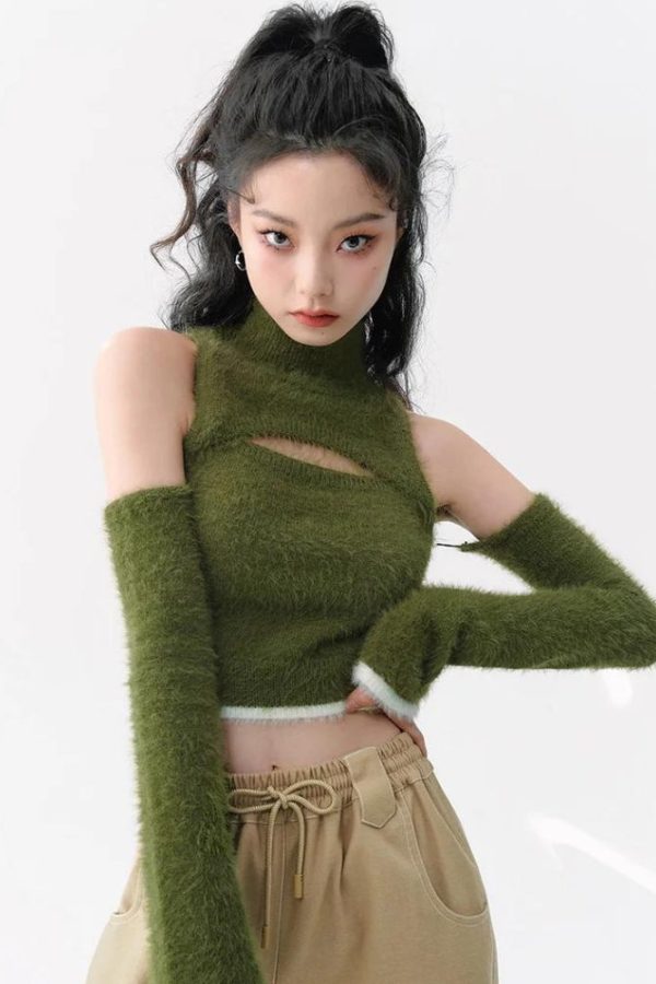 Cut Out Fluffy Crop Sweater Top
