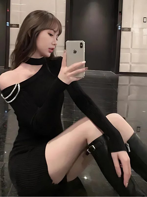 Cut Out Shoulder Rhinestone Mini Dress