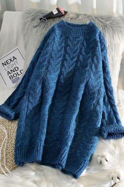 Cute blue Sweater outfits Street Style thick o neck baggy knit dresses
