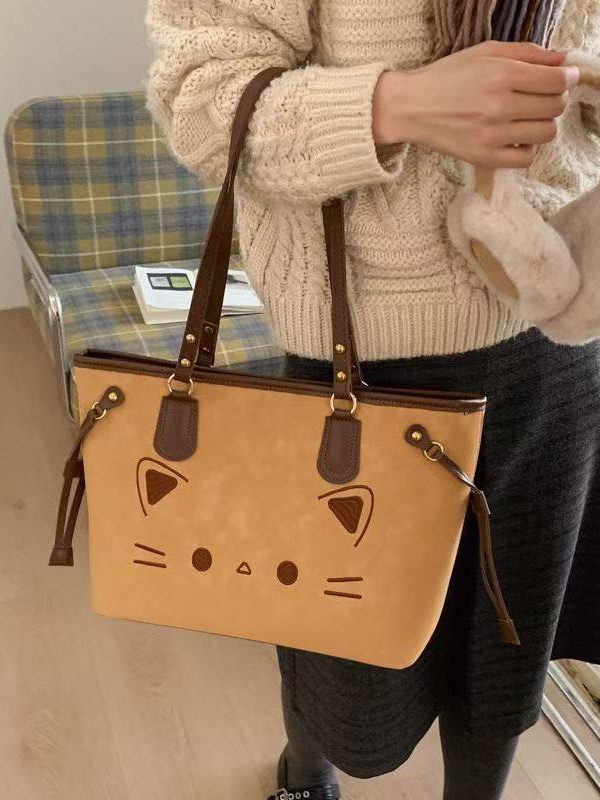 Cute Cate Large Capacity Rivet Faux Leather Satchel Handbag