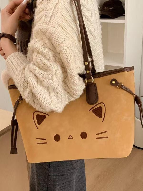 Cute Cate Large Capacity Rivet Faux Leather Satchel Handbag