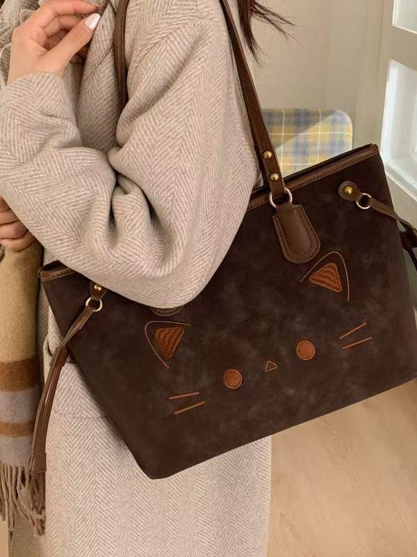 Cute Cate Large Capacity Rivet Faux Leather Satchel Handbag