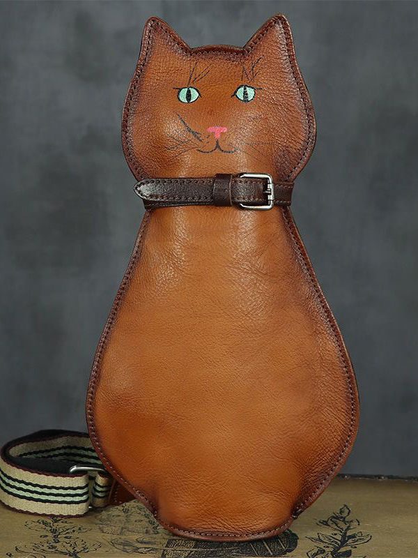 Cute Persian Cat Print Original Design Calf Leather Messenger Bag