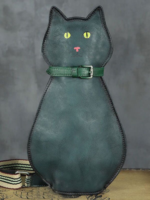 Cute Persian Cat Print Original Design Calf Leather Messenger Bag